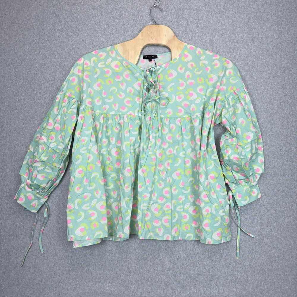 Beulah Style Abstract Print Lace Up Blouse Womens Small Green NWT Boho Ruffle